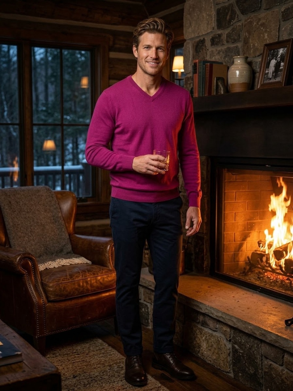 Alan Flusser Men's V-Neck Sweater in Fuchsia